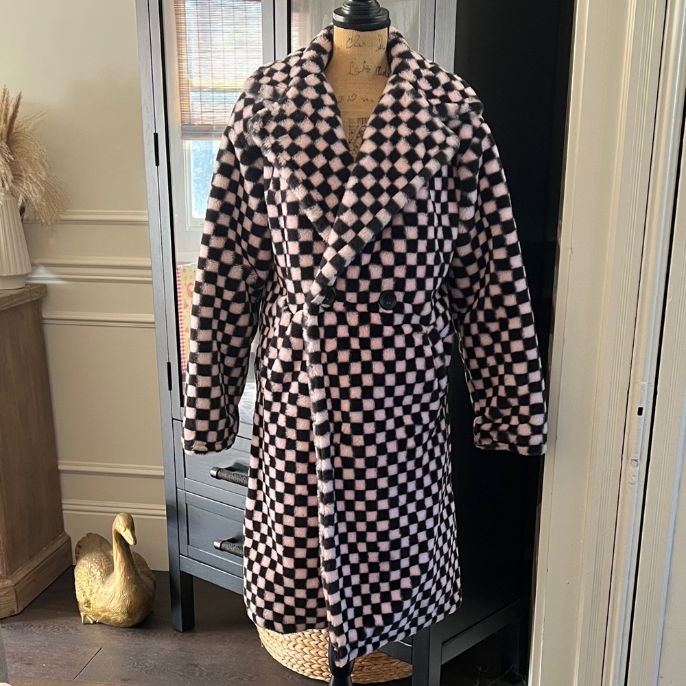 Checkerboard Faux Fur Pea Coat - Pink & Black